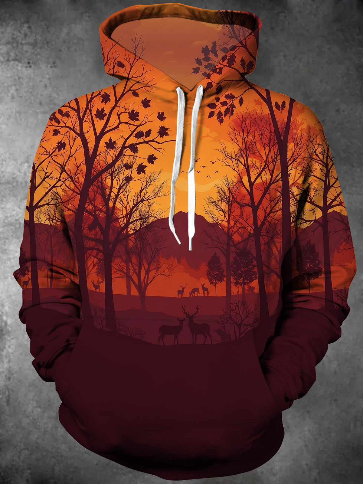 Adaychic Men's Long Sleeve Hoodie - Autumn Forest Landscape With Deer Silhouettes Print