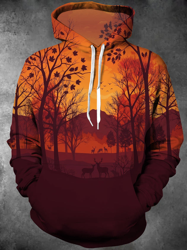Adaychic Men's Long Sleeve Hoodie - Autumn Forest Landscape With Deer Silhouettes Print