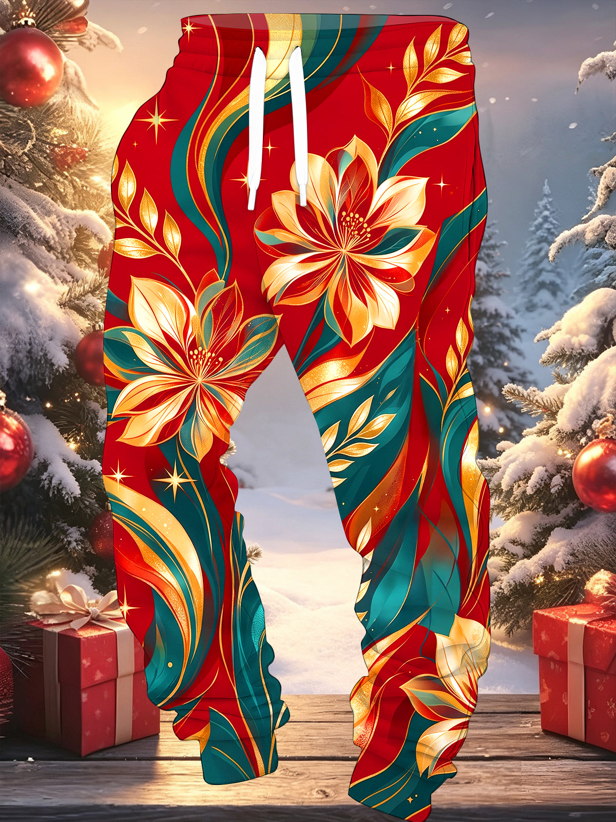 Adaychic Men's Long Sleeve Pullover Hoodie - Christmas Gold And Teal Floral Pattern On Red Background with Kangaroo Pocket