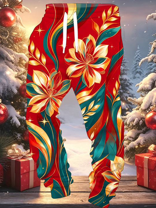 Adaychic Men's Long Sleeve Pullover Hoodie - Christmas Gold And Teal Floral Pattern On Red Background with Kangaroo Pocket