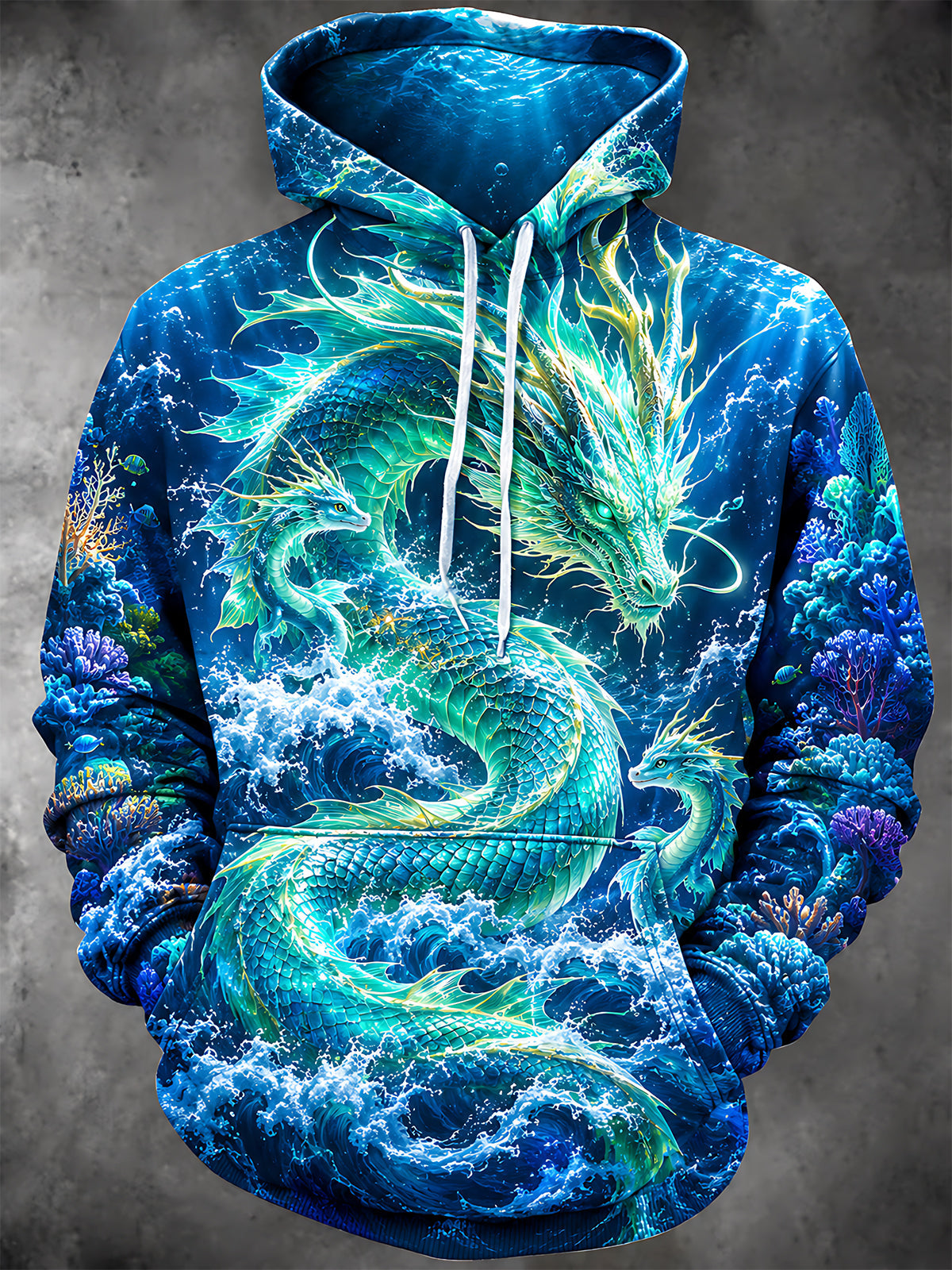 Adaychic Men's Graphic Ocean Dragon Print Long Sleeve Hoodie