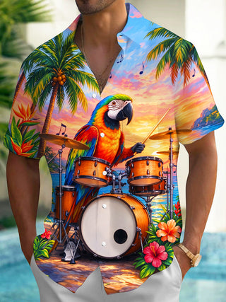 Adaychic Men's Hawaiian Parrot Playing Drums Print Short Sleeve Shirt with Chest Pocket