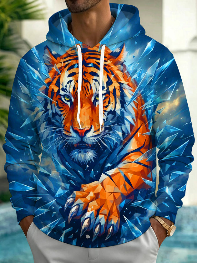 Adaychic Men's Graphic Low Poly Tiger Face And Paw Print Long Sleeve Hoodie
