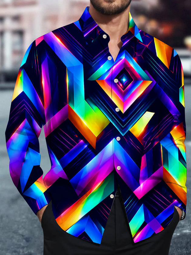 Adaychic Men's Graphic Neon 3D Geometric Diamond Pattern Long Sleeve Shirt with Chest Pocket