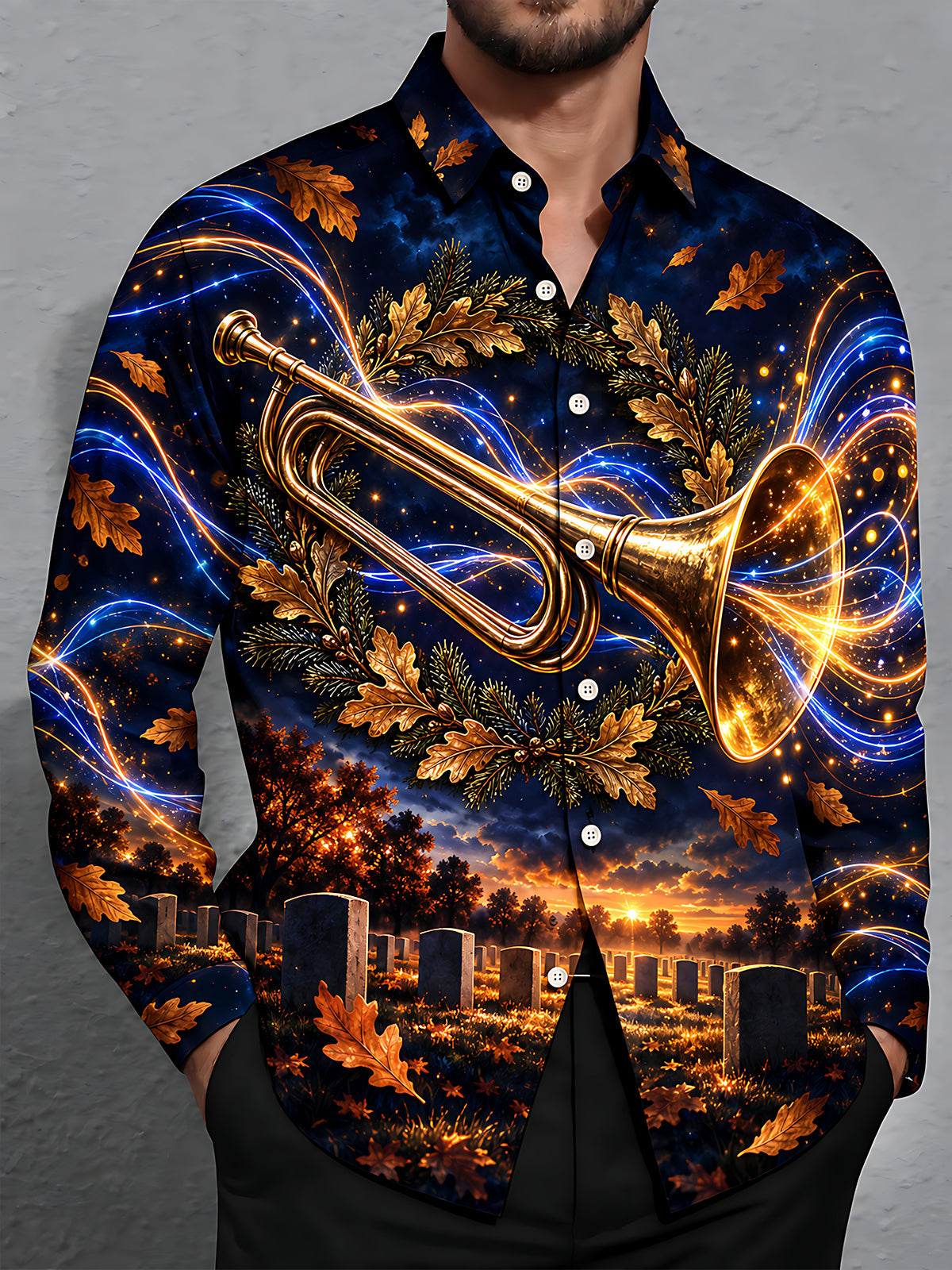Adaychic Men's Long Sleeve Shirt - Veterans Day Golden Trumpet And Autumn Leaves Print with Chest Pocket