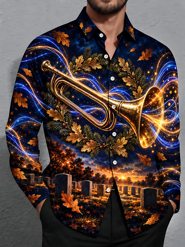 Adaychic Men's Long Sleeve Shirt - Veterans Day Golden Trumpet And Autumn Leaves Print with Chest Pocket