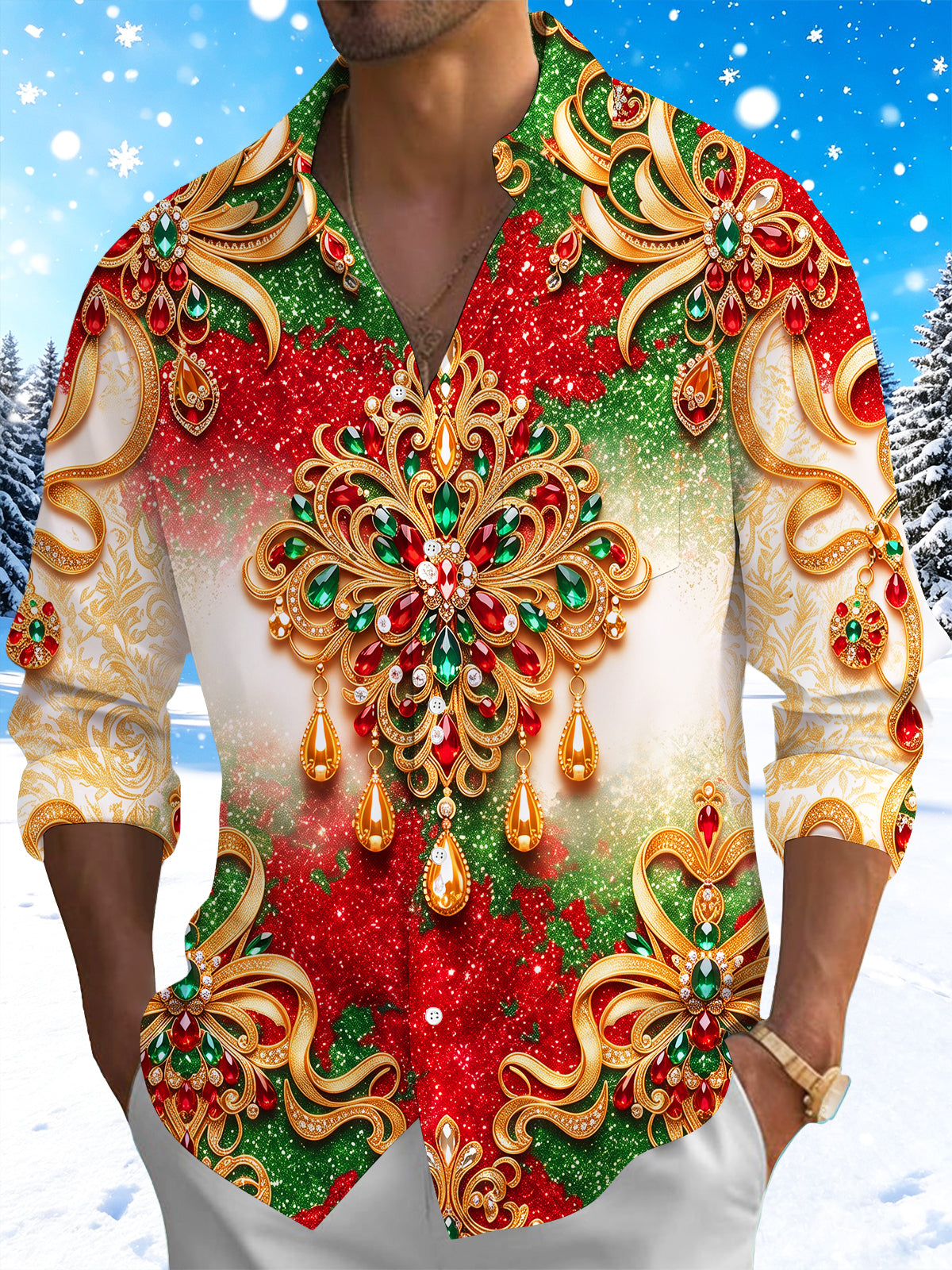 Adaychic Men's Long Sleeve Shirt - Christmas Gold Ornate Jewelry And Gemstone Mandala Print with Chest Pocket