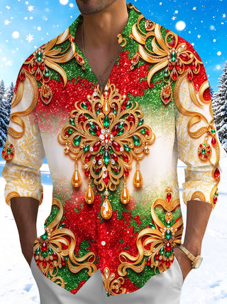 Adaychic Men's Long Sleeve Shirt - Christmas Gold Ornate Jewelry And Gemstone Mandala Print with Chest Pocket