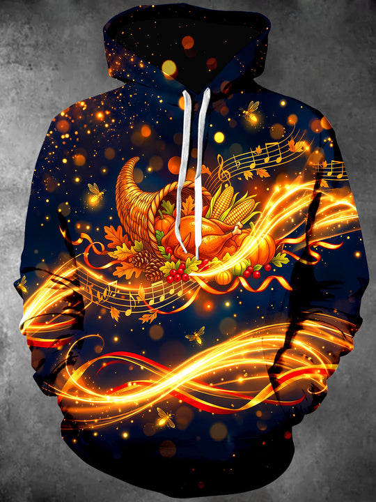 Adaychic Men's Long Sleeve Hoodie - Thanksgiving Cornucopia With Turkey And Music Notes Print
