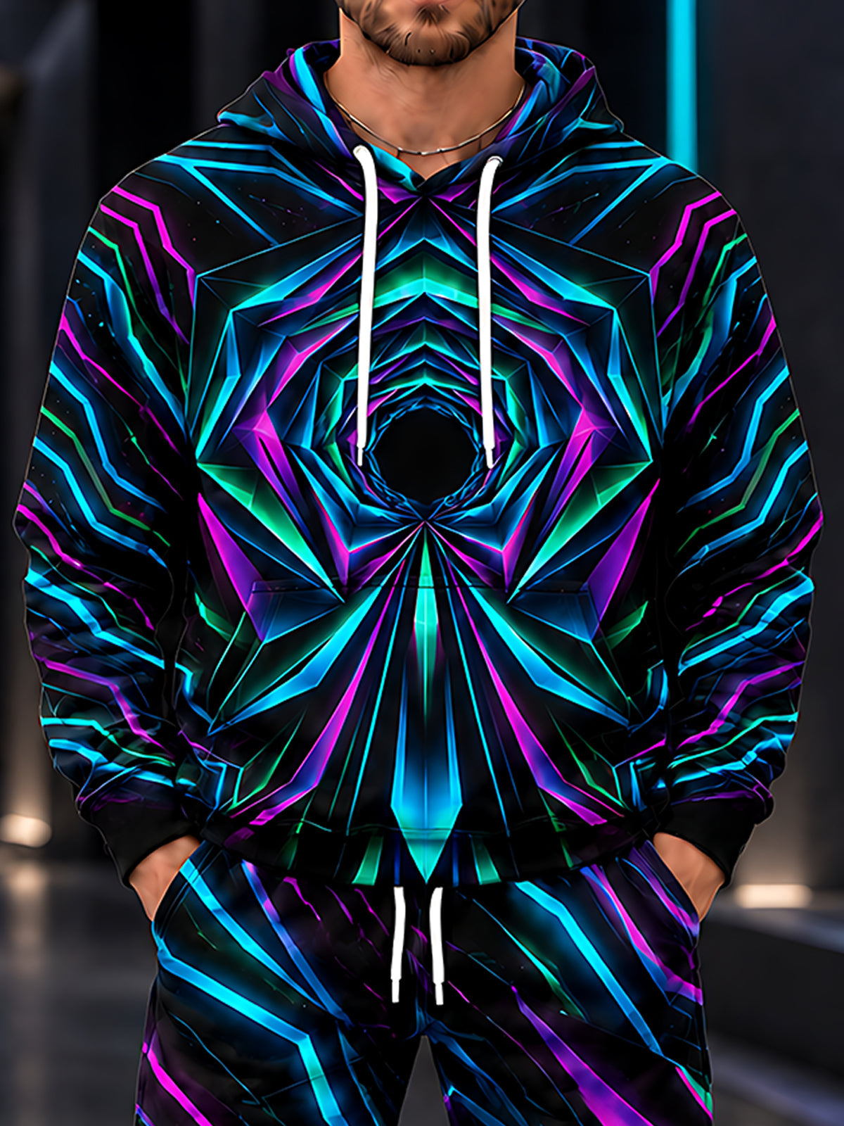 Adaychic Men's Geometric Neon Geometric Tunnel Pattern Long Sleeve Hoodie
