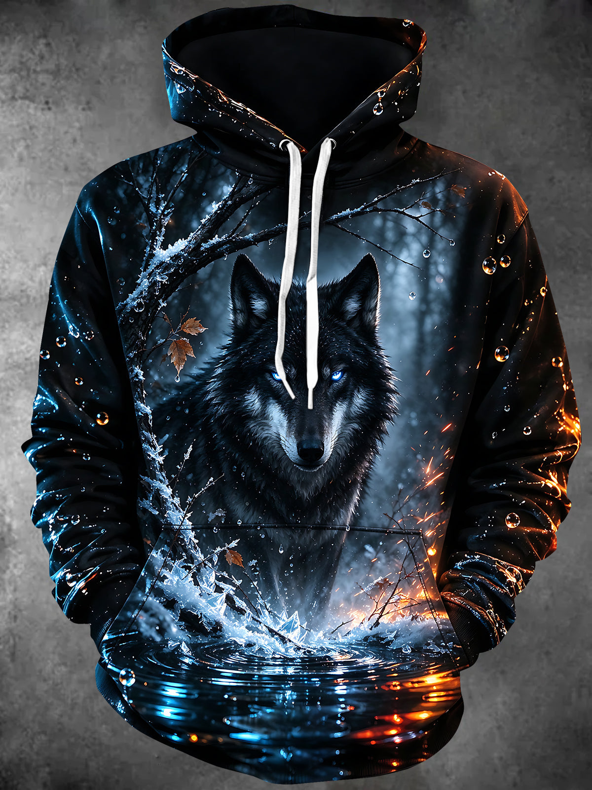 Adaychic Men's Long Sleeve Hoodie - Wolf In Winter Forest With Water And Ice Print