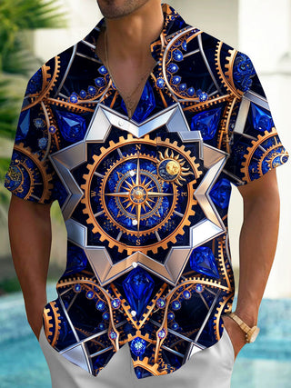 Adaychic Men's Steampunk Compass Gears And Gemstones Print Short Sleeve Shirt with Chest Pocket