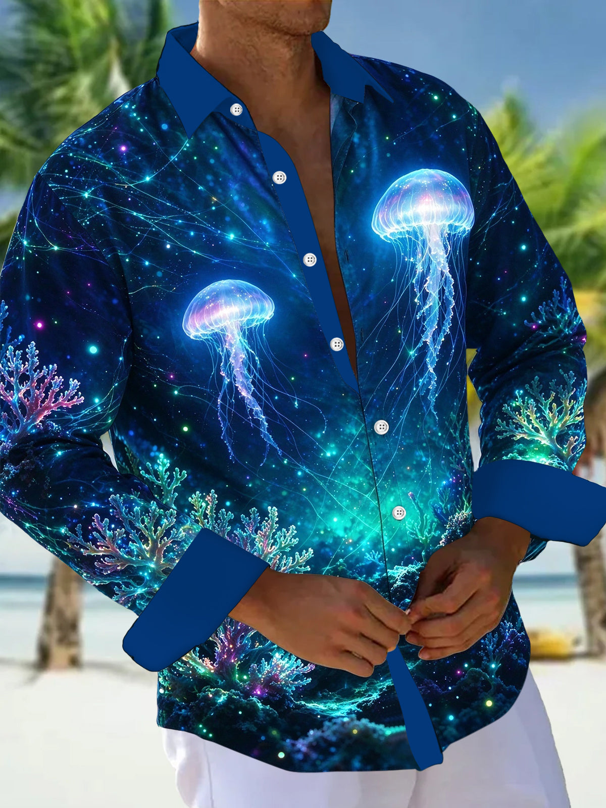 Adaychic Men's Hawaiian Neon Jellyfish And Coral Reef Print Long Sleeve Shirt with Chest Pocket