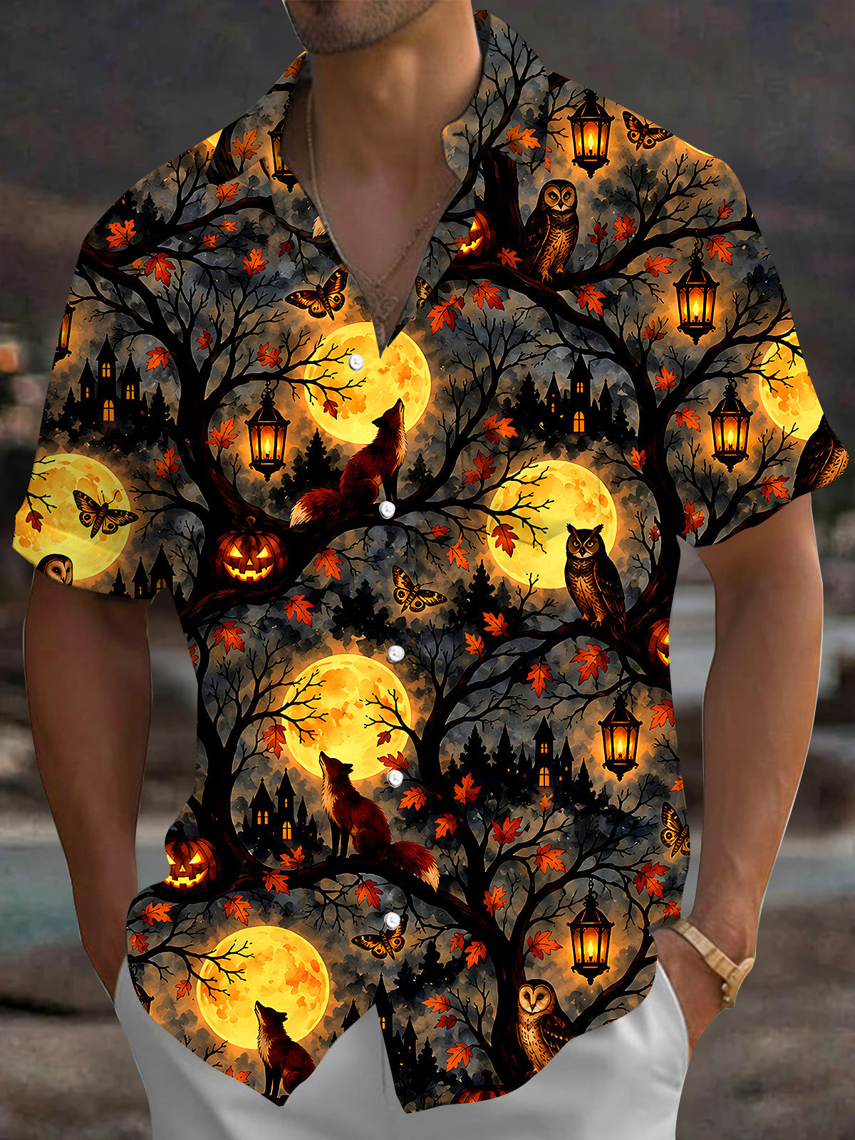 Adaychic Men's Short Sleeve Shirt - Halloween Foxes And Owls In Moonlit Forest Print with Chest Pocket