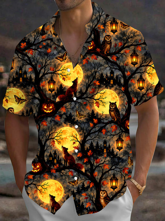 Adaychic Men's Short Sleeve Shirt - Halloween Foxes And Owls In Moonlit Forest Print with Chest Pocket