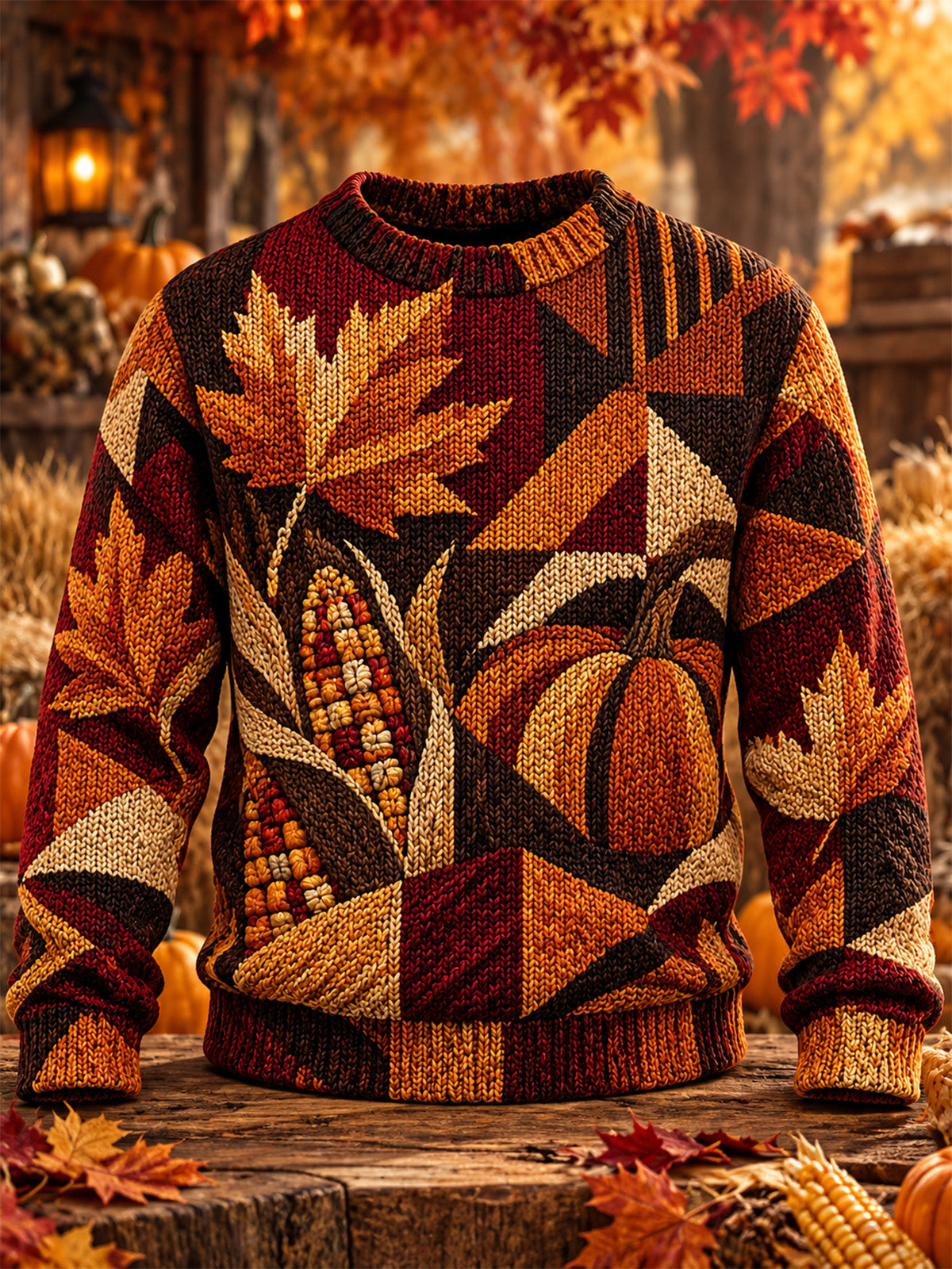 Adaychic Men's Long Sleeve Crew Neck Sweater - Autumn Leaves And Harvest Produce Print