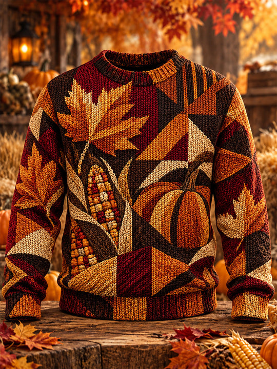 Adaychic Men's Long Sleeve Crew Neck Sweater - Autumn Leaves And Harvest Produce Print