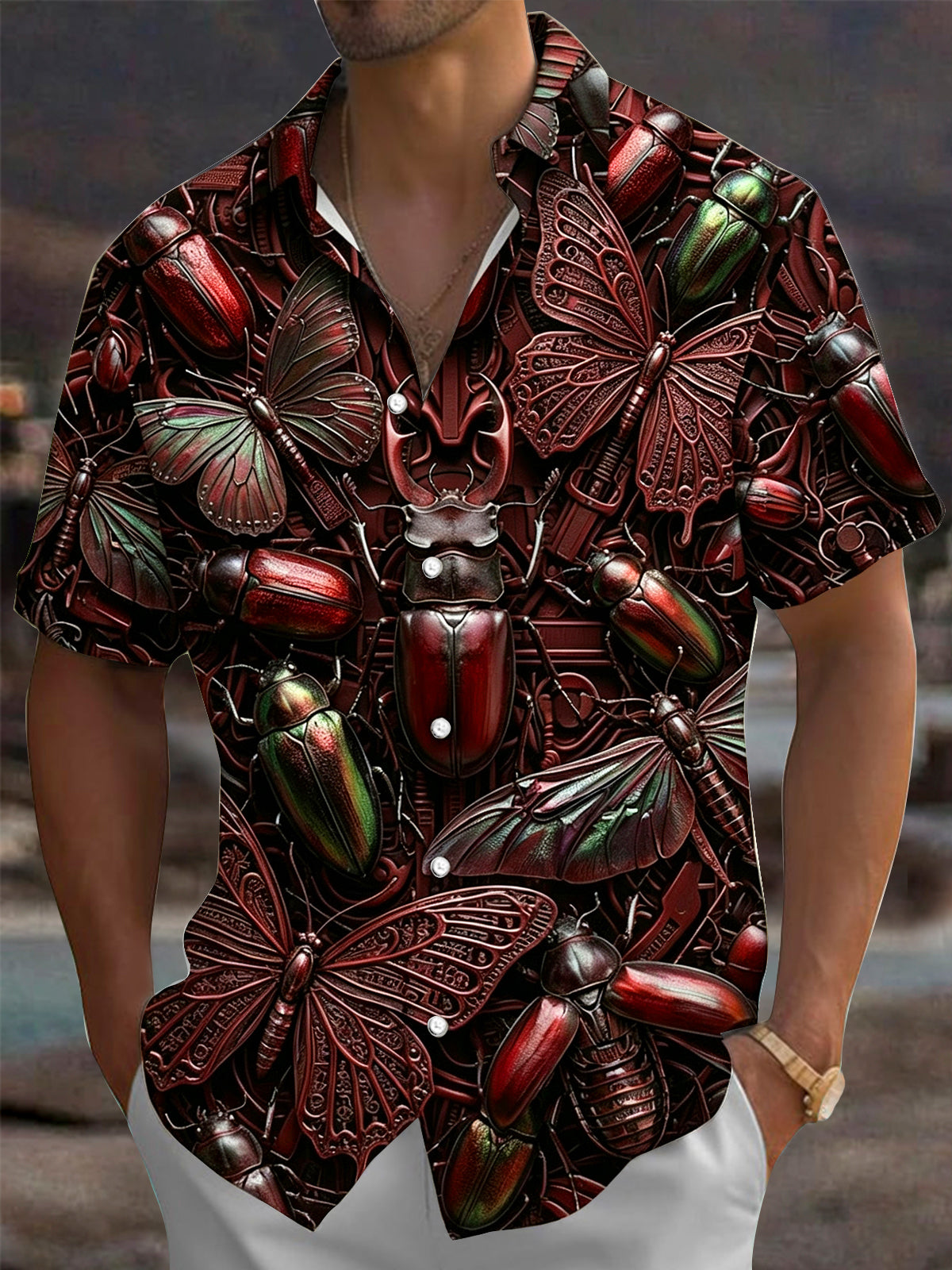Adaychic Men's Hawaiian Insect Beetle Butterfly Print Short Sleeve Shirt