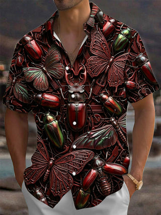 Adaychic Men's Hawaiian Insect Beetle Butterfly Print Short Sleeve Shirt