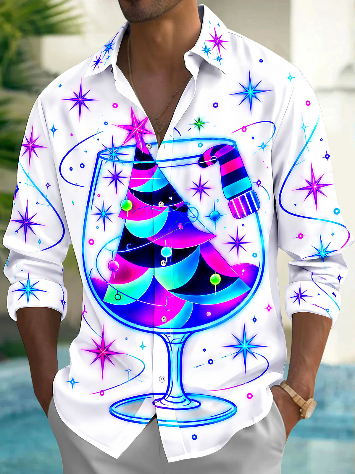 Adaychic Men's Neon Christmas Tree In Wine Glass Print Long Sleeve Shirt with Chest Pocket
