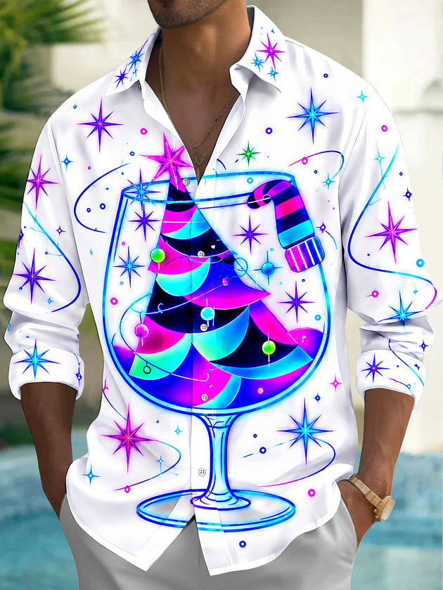 Adaychic Men's Neon Christmas Tree In Wine Glass Print Long Sleeve Shirt with Chest Pocket