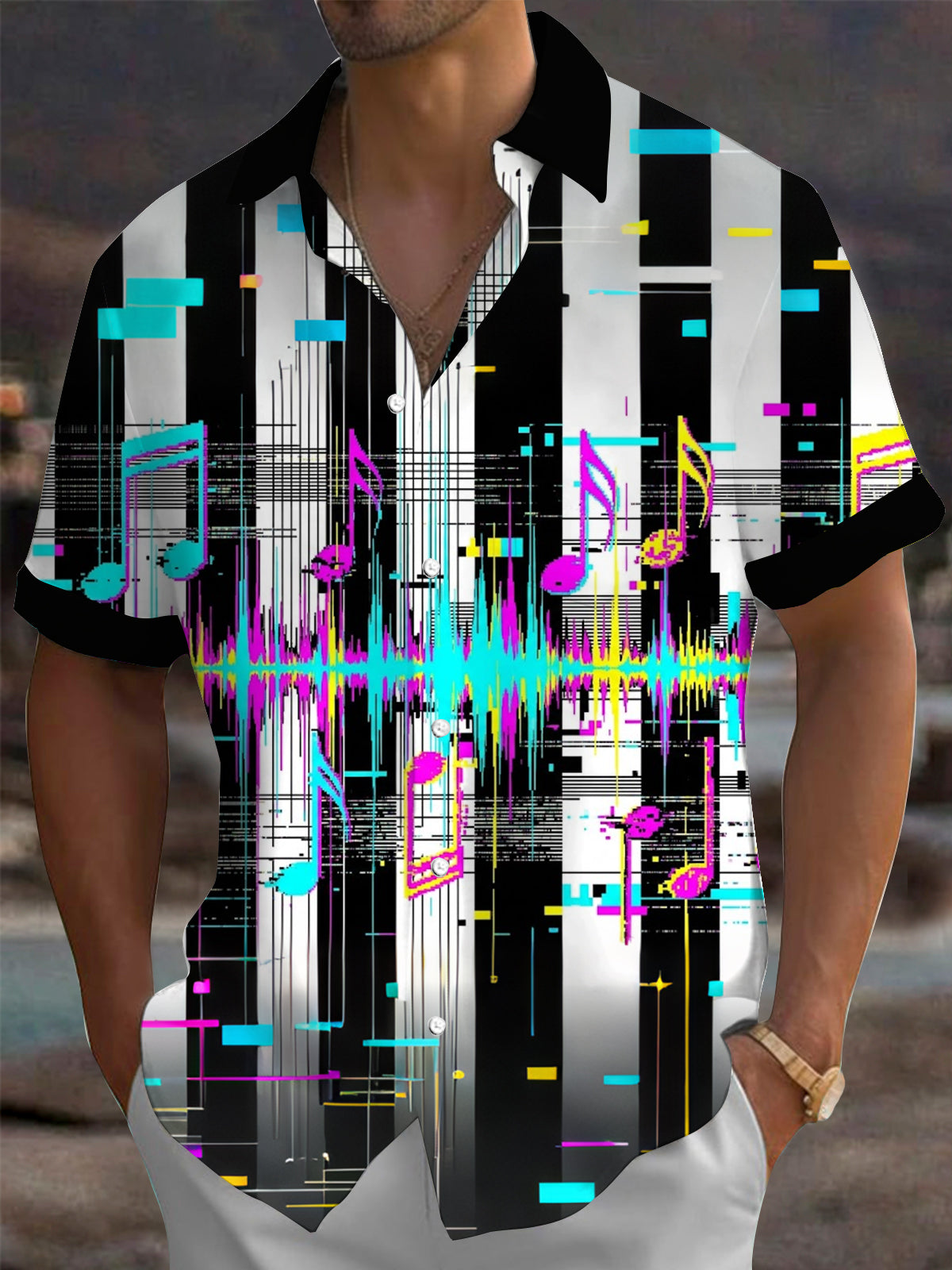 Adaychic Men's Musical Notes And Sound Waveform Print Short Sleeve Shirt with Chest Pocket