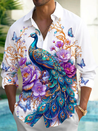 Adaychic Men's Printed Peacock And Floral Pattern Long Sleeve Shirt with Chest Pocket