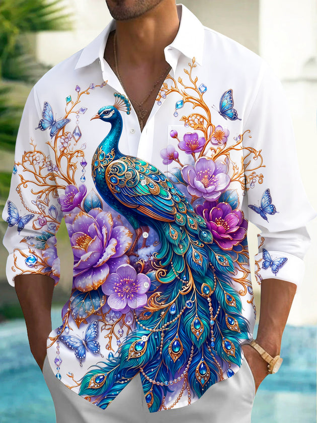Adaychic Men's Printed Peacock And Floral Pattern Long Sleeve Shirt with Chest Pocket