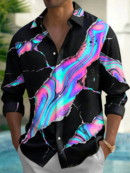 Adaychic Men's Long Sleeve Shirt - Abstract Psychedelic Swirls And Splatters Print with Chest Pocket
