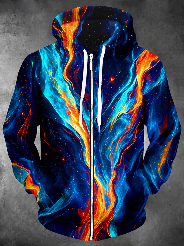Adaychic Men's Long Sleeve Zip-Up Hoodie - Abstract Fire And Nebula Fluid Texture Print
