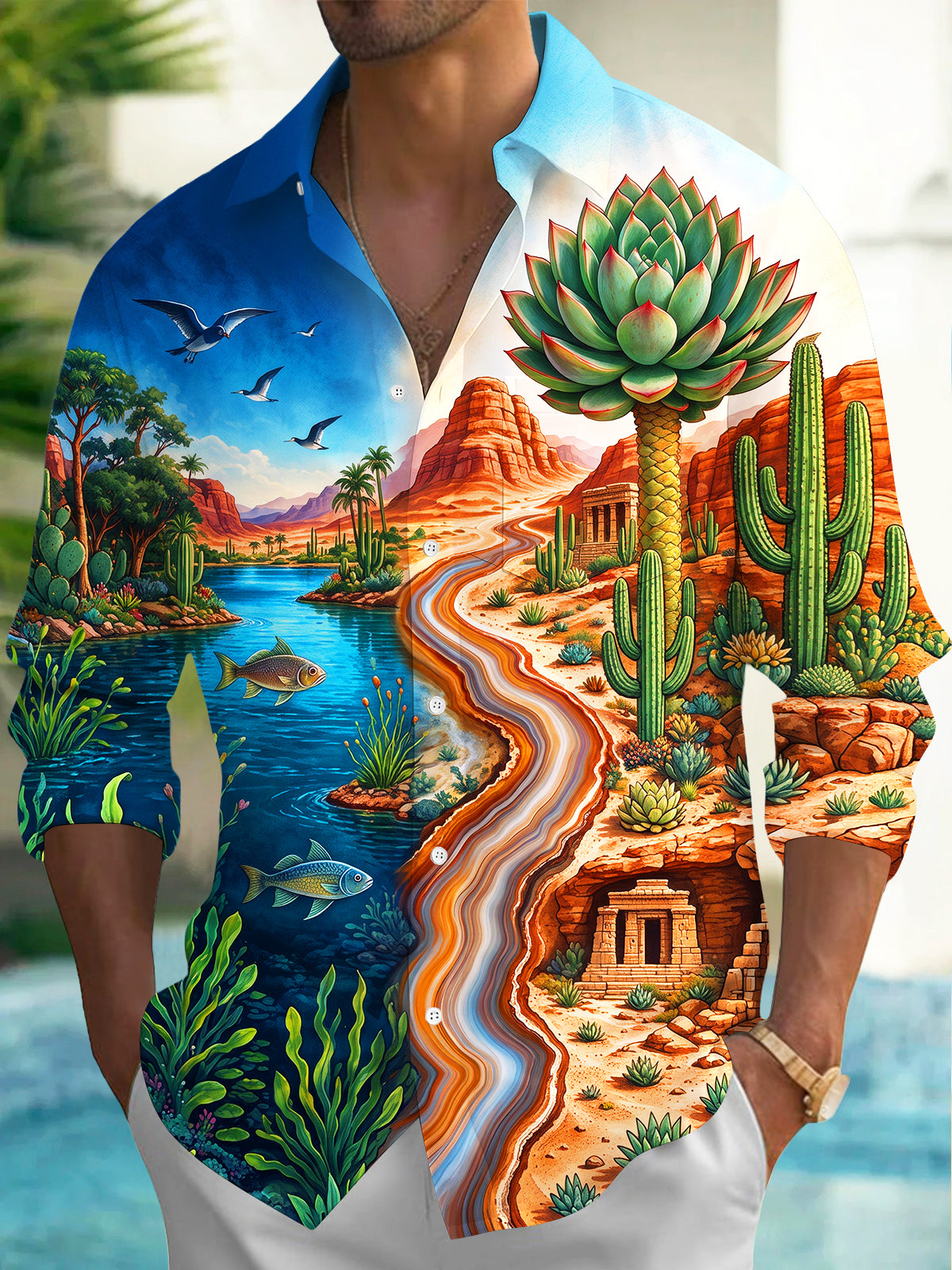 Adaychic Men's Long Sleeve Shirt - Desert Oasis Landscape With Cacti And Fish Print with Chest Pocket