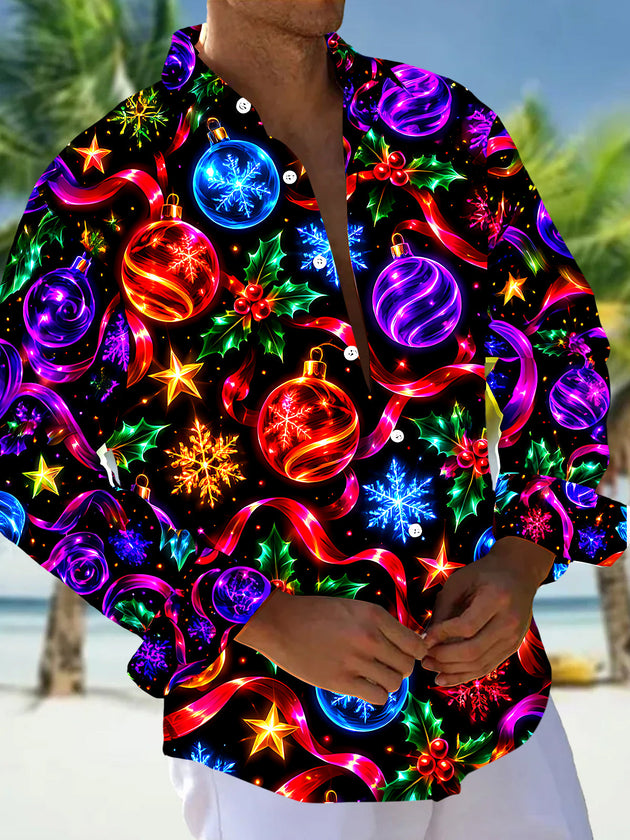 Adaychic Men's Graphic Christmas Ornaments And Holly Print Long Sleeve Shirt with Chest Pocket