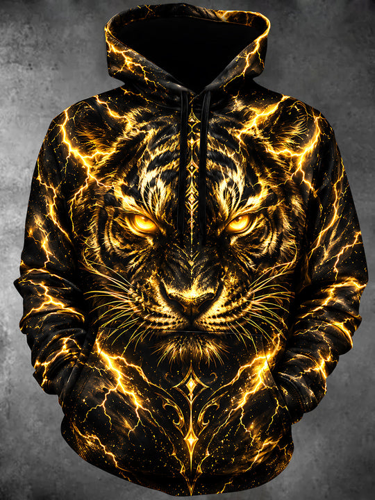 Adaychic Men's Long Sleeve Pullover Hoodie - Golden Tiger Face With Lightning Print with Kangaroo Pocket