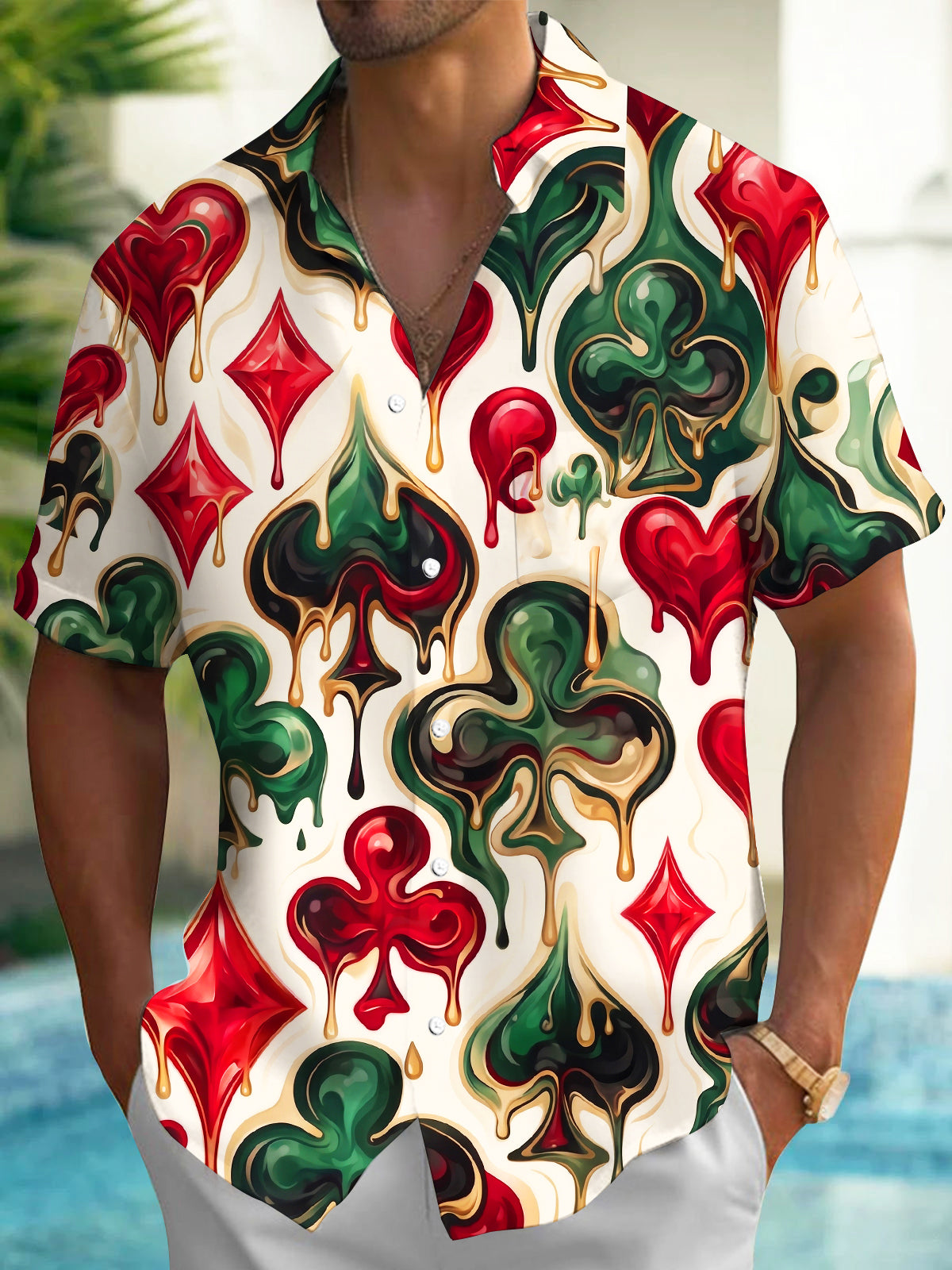 Adaychic Men's Hawaiian Melting Playing Card Suits Print Short Sleeve Shirt with Chest Pocket