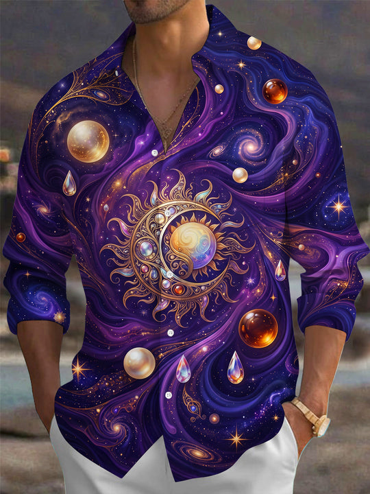 Adaychic Men's Graphic Sun Moon Cosmic Vortex Print Long Sleeve Shirt with Chest Pocket