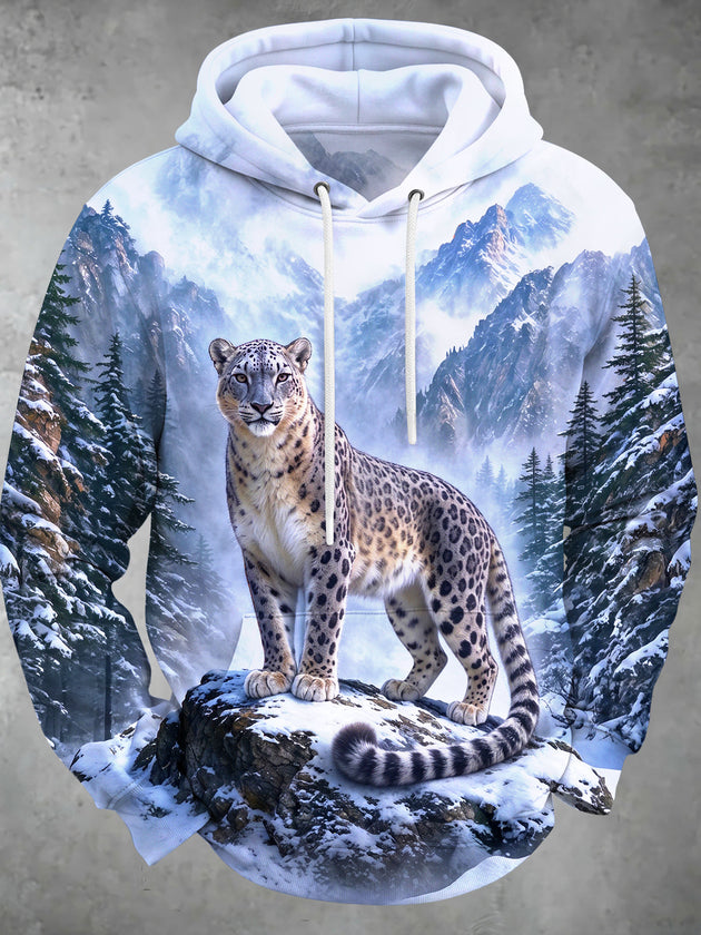 Adaychic Men's Snow Leopard In Mountain Landscape Print Long Sleeve Hoodie