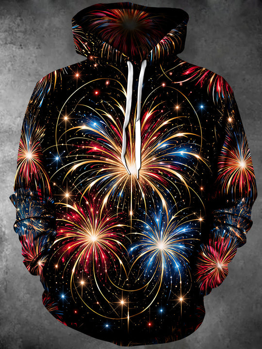 Adaychic Men's Graphic New Year Fireworks Print Long Sleeve Hoodie