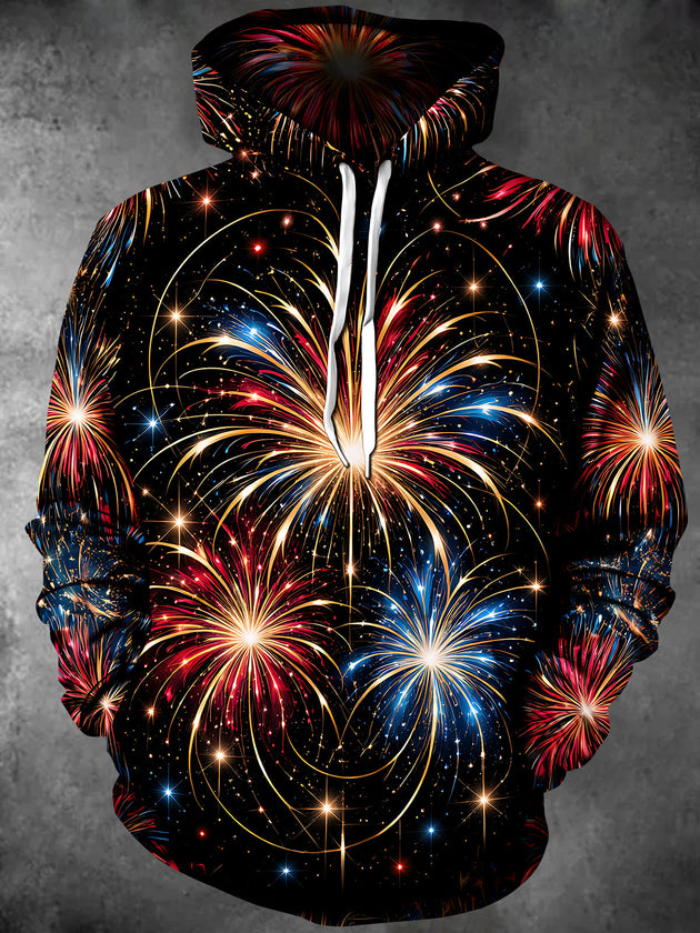 Adaychic Men's Graphic New Year Fireworks Print Long Sleeve Hoodie