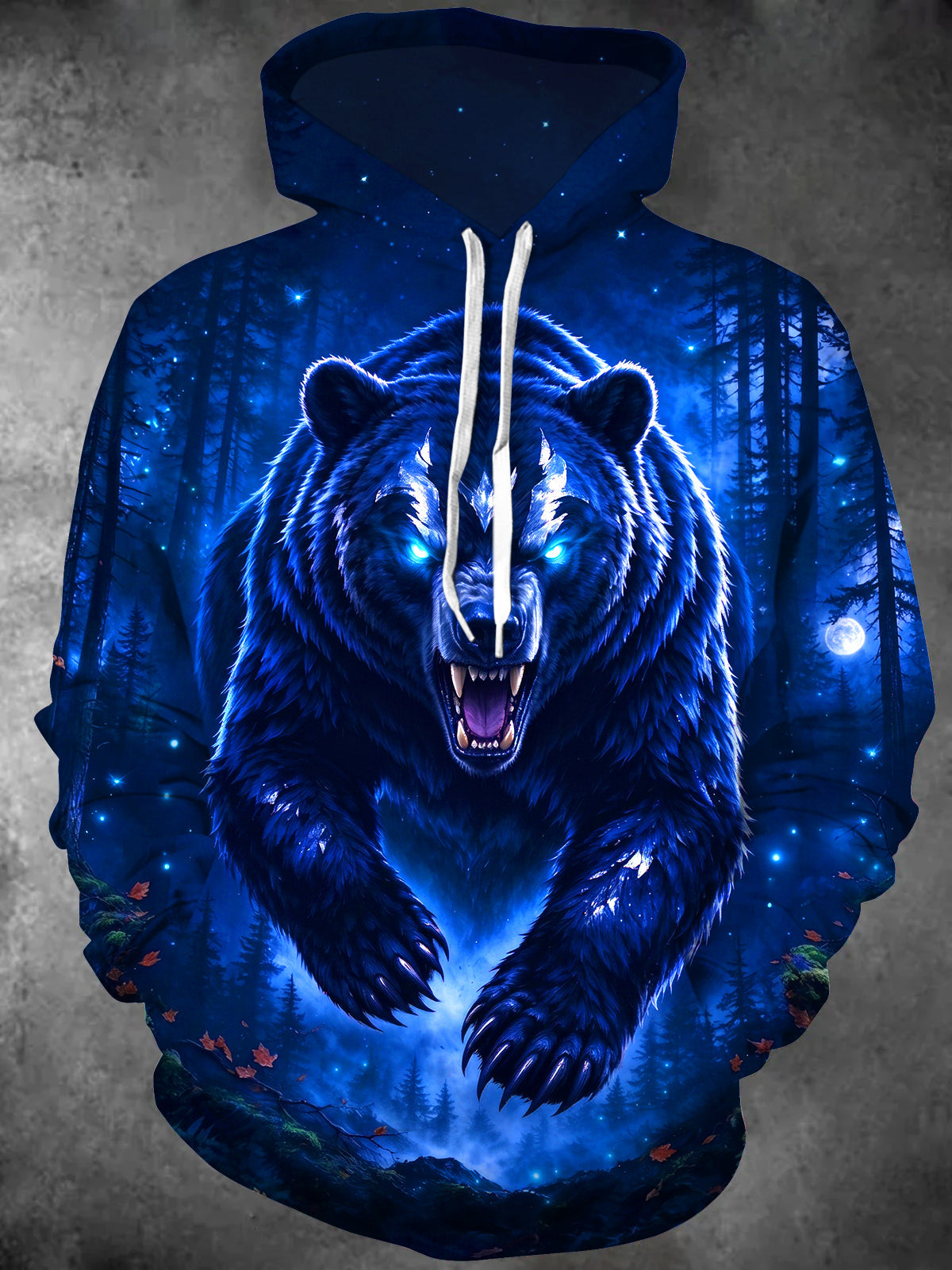 Adaychic Men's Graphic Roaring Bear In Night Forest Print Long Sleeve Hoodie