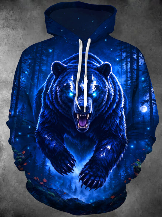 Adaychic Men's Graphic Roaring Bear In Night Forest Print Long Sleeve Hoodie