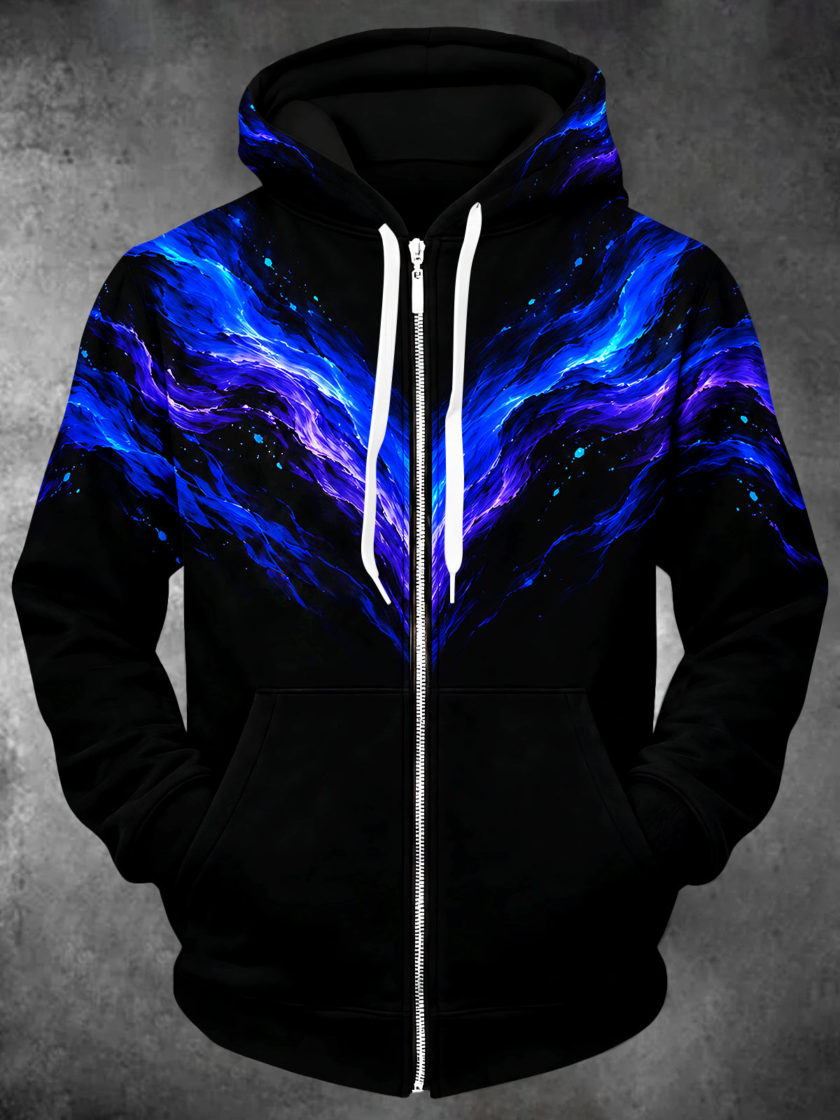Adaychic Men's Long Sleeve Zip-Up Hoodie - Abstract Blue And Purple Fluid Waves Print