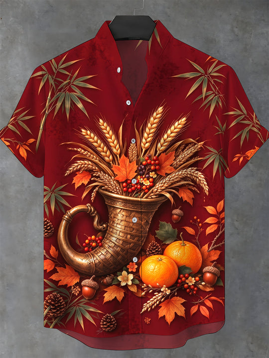 Adaychic Men's Short Sleeve Shirt - Thanksgiving Harvest Cornucopia With Wheat And Autumn Leaves Print with Chest Pocket