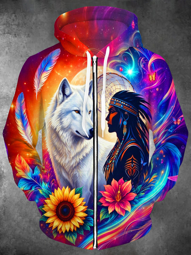 Adaychic Men's Long Sleeve Zip-Up Hoodie - White Wolf And Native American Man Print