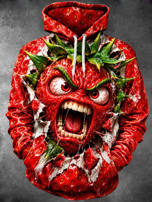 Adaychic Men's Graphic Angry Monster Strawberry Print Long Sleeve Hoodie