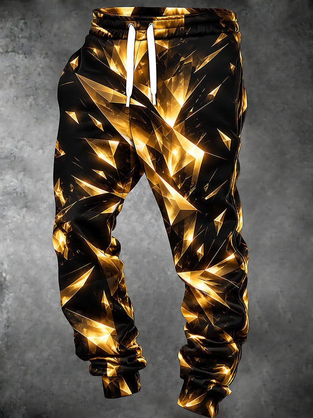 Adaychic Men's Patterned Geometric Gold Crystals On Black Print Pants