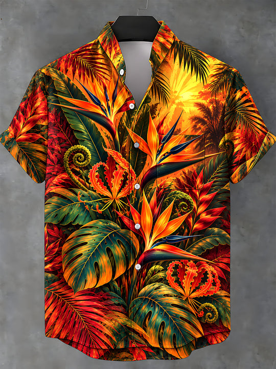 Adaychic Men's Short Sleeve Shirt - Tropical Jungle Plants And Birds Of Paradise Print with Chest Pocket