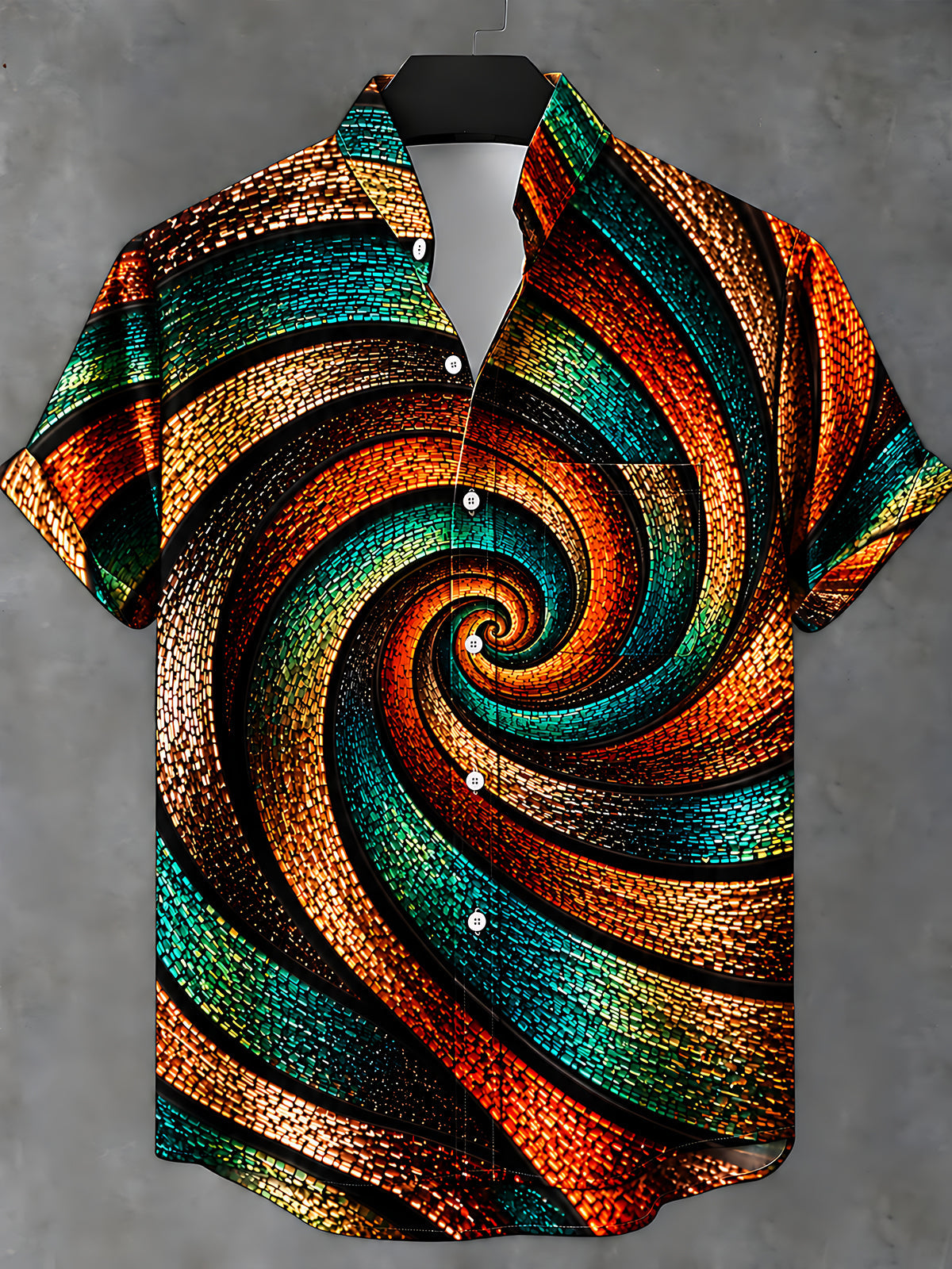 Adaychic Men's Patterned Abstract Swirling Mosaic Pattern Short Sleeve Shirt with Chest Pocket