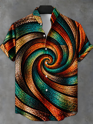 Adaychic Men's Patterned Abstract Swirling Mosaic Pattern Short Sleeve Shirt with Chest Pocket