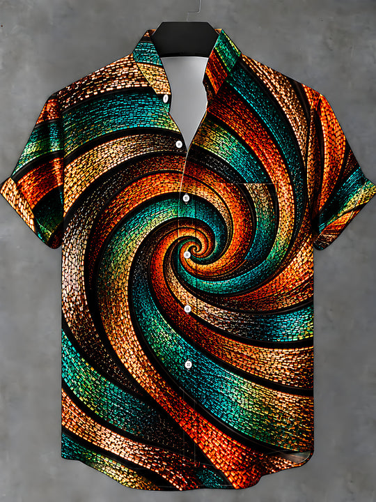 Adaychic Men's Patterned Abstract Swirling Mosaic Pattern Short Sleeve Shirt with Chest Pocket