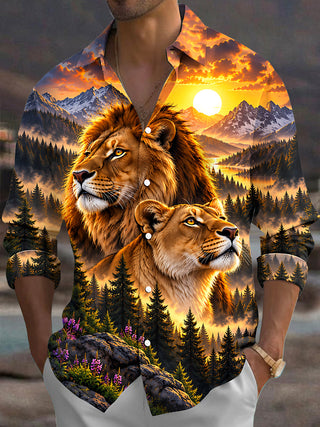 Adaychic Men's Graphic Lion Portrait Print Long Sleeve Shirt with Chest Pocket